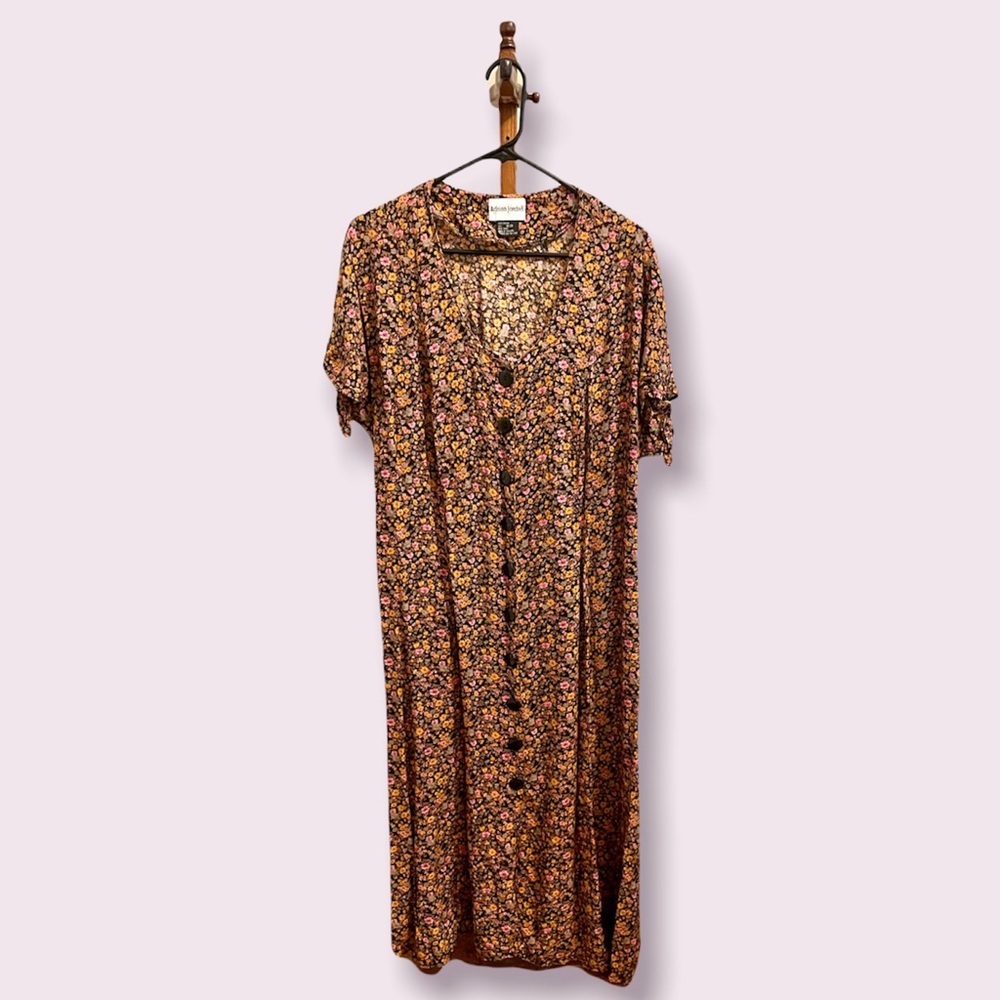 Vintage 1990s Cottagecore Grunge Rayon Floral Short Sleeve Maxi Dress- Large